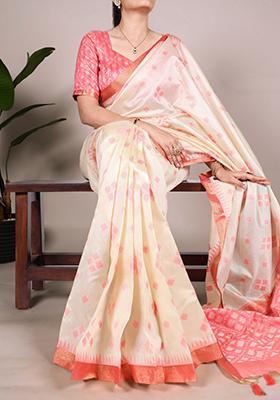 Off White Zari Embroidered Jacquard Saree Set
