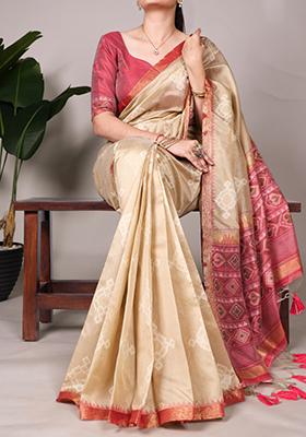 Cream Zari Embroidered Jacquard Saree Set