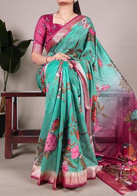 Green Floral Print  Tussar Silk Saree Set