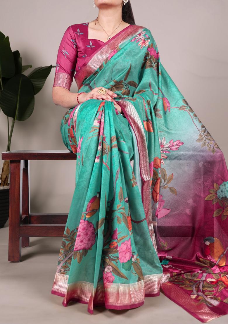 Green Floral Print Tussar Silk Saree Set