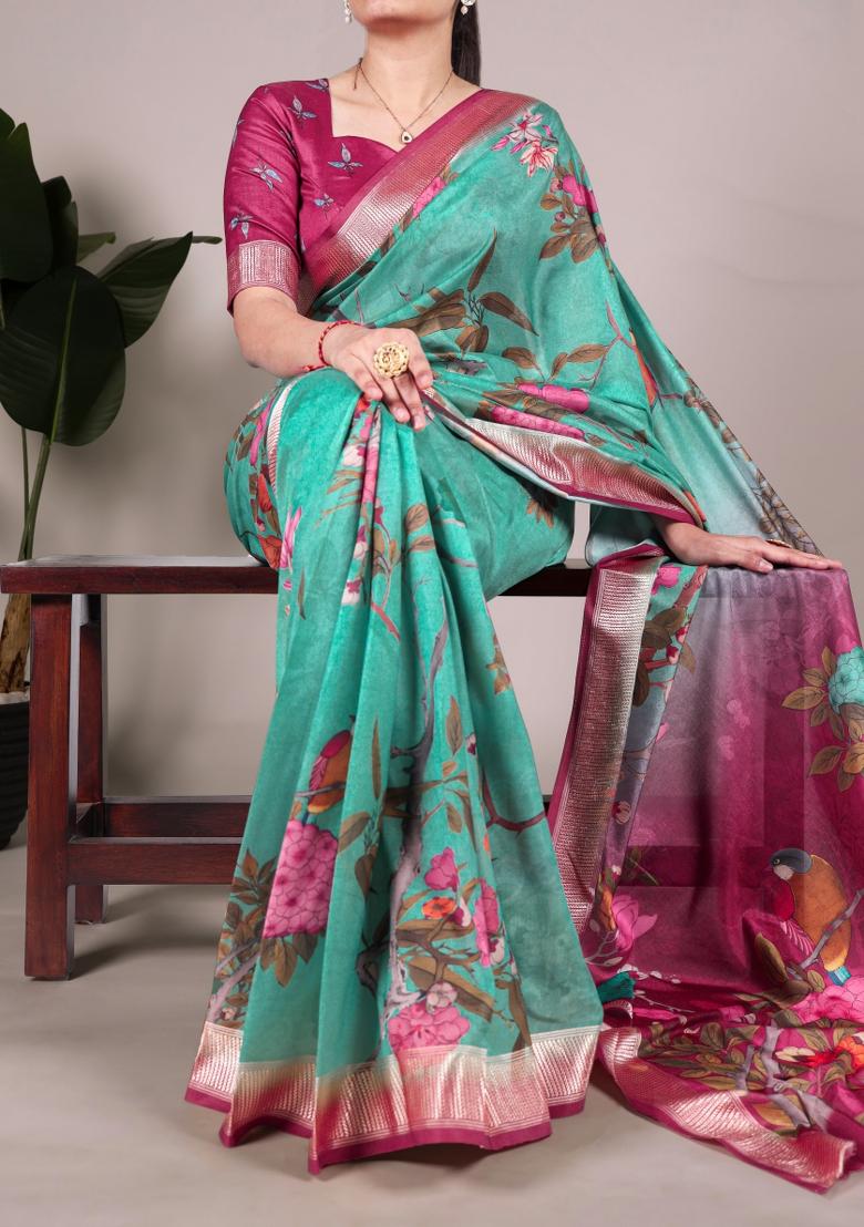 Green Floral Print Tussar Silk Saree Set