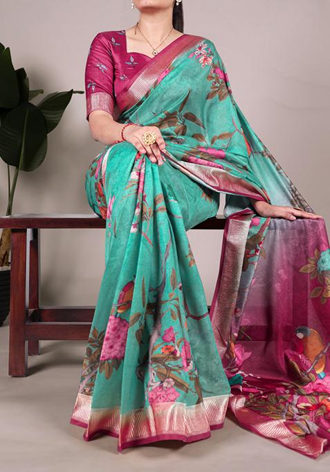 Green Floral Print Tussar Silk Saree Set