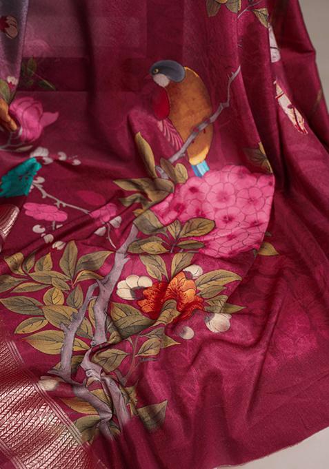 Green Floral Print Tussar Silk Saree Set