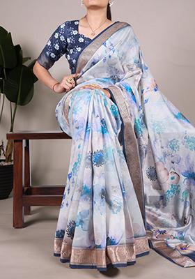 Sky Blue Floral Print  Tussar Silk Saree Set
