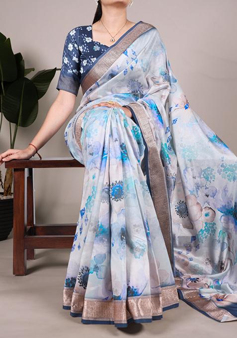 Sky Blue Floral Print Tussar Silk Saree Set