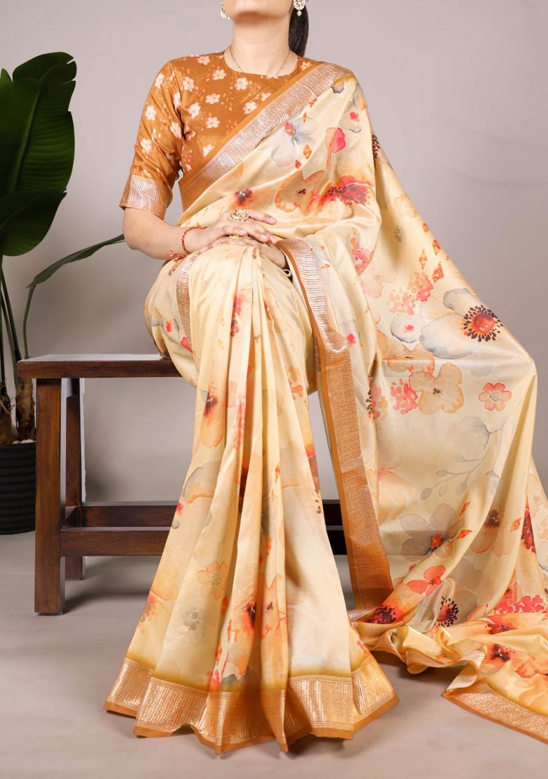 Cream Floral Print Tussar Silk Saree Set