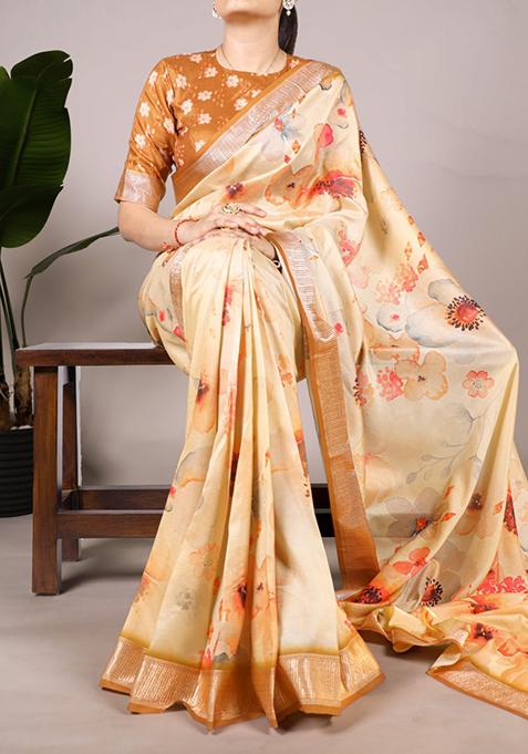 Cream Floral Print  Tussar Silk Saree Set