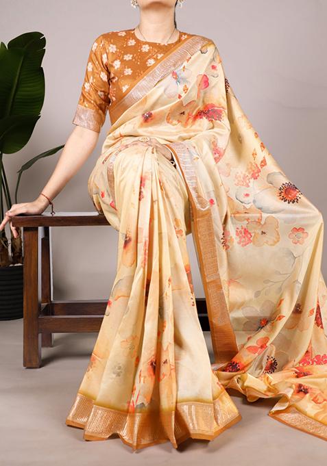Cream Floral Print Tussar Silk Saree Set