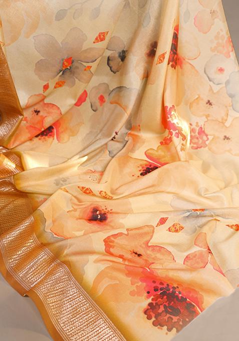 Cream Floral Print Tussar Silk Saree Set