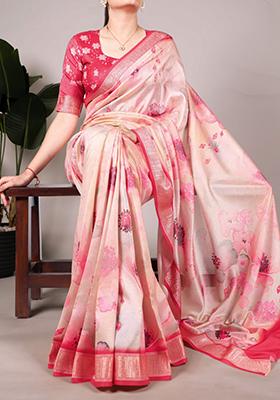 Peach Floral Print  Tussar Silk Saree Set