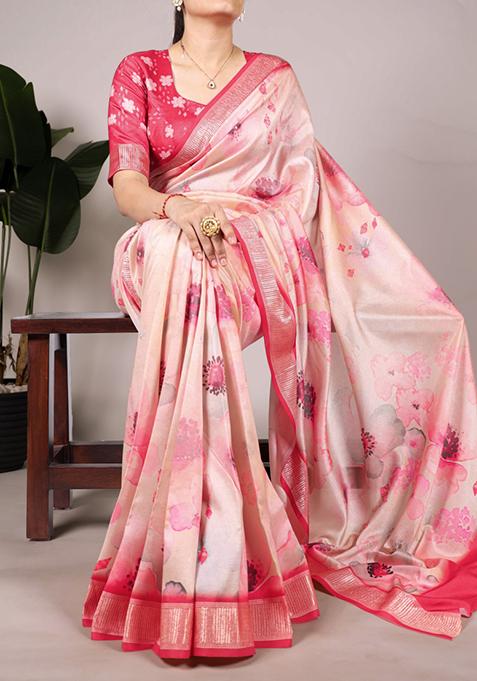 Peach Floral Print Tussar Silk Saree Set