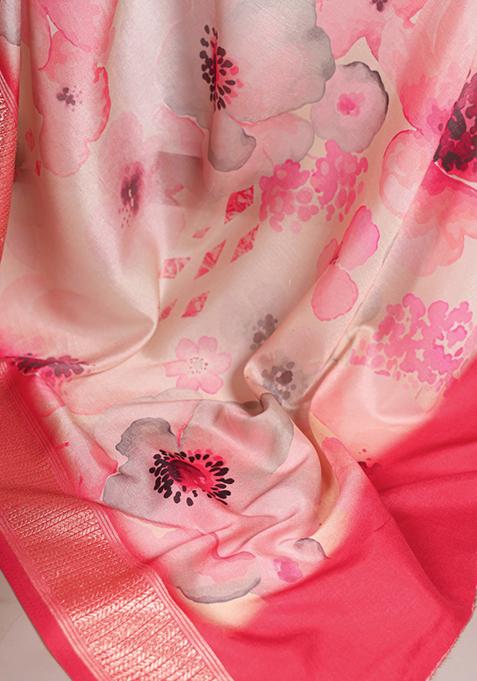 Peach Floral Print Tussar Silk Saree Set