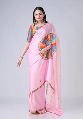 Baby Pink Digital Print Satin Saree Set