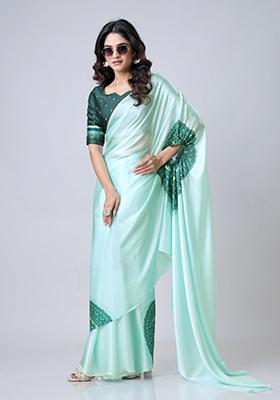 Mint Green Digital Print Satin Saree Set