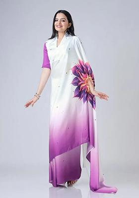 Purple Digital Print Satin Saree Set