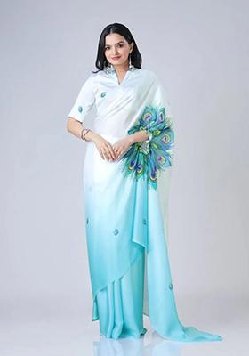 Sky Blue Digital Print Satin Saree Set
