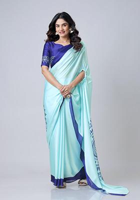Sky Blue Digital Print Satin Saree Set