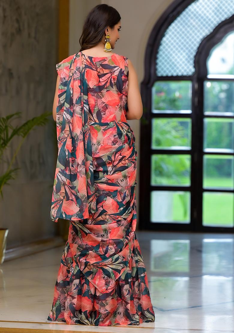 Green Embroidered Georgette Saree Set