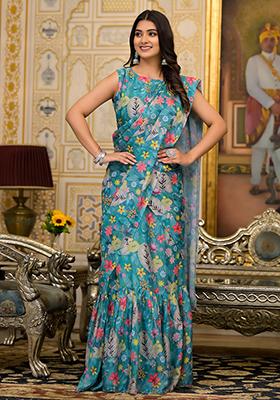 Teal Blue Embroidered Georgette Saree Set