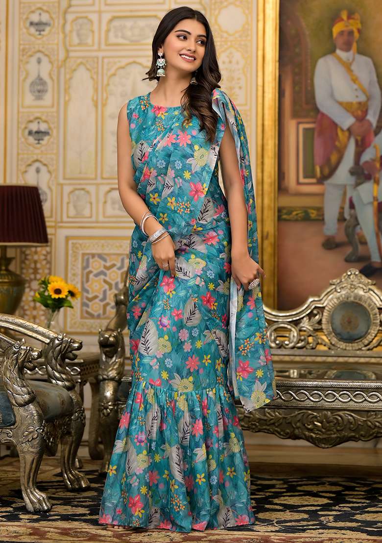 Teal Blue Embroidered Georgette Saree Set for Diwali and Festive Wear - Indya