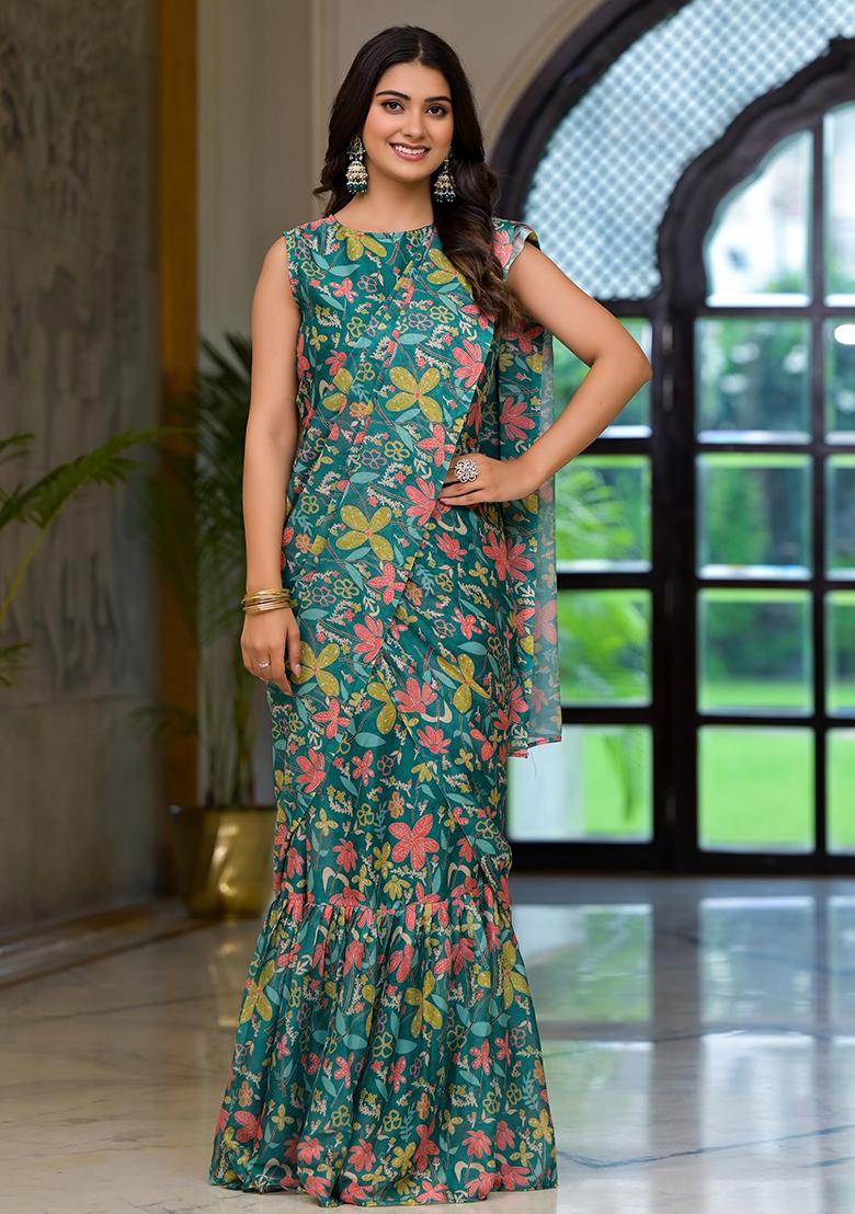 Green Embroidered Georgette Saree Set