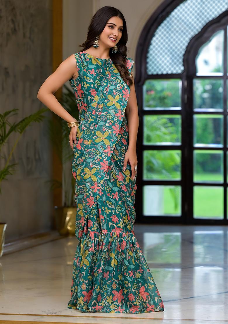 Green Embroidered Georgette Saree Set