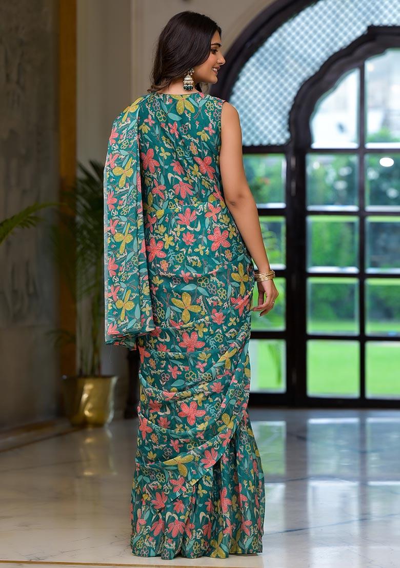 Green Embroidered Georgette Saree Set