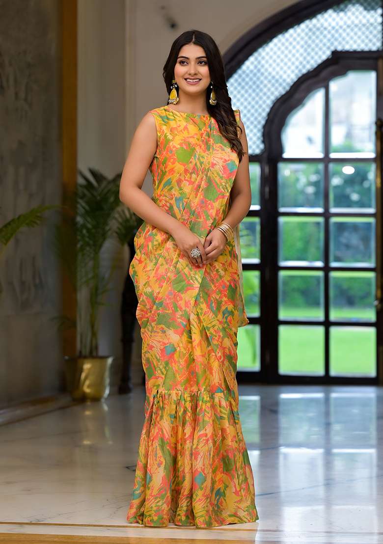 Yellow Embroidered Georgette Saree Set for Diwali and Festive Wear - Indya