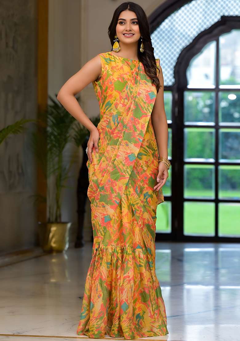 Yellow Embroidered Georgette Saree Set for Diwali and Festive Wear - Indya