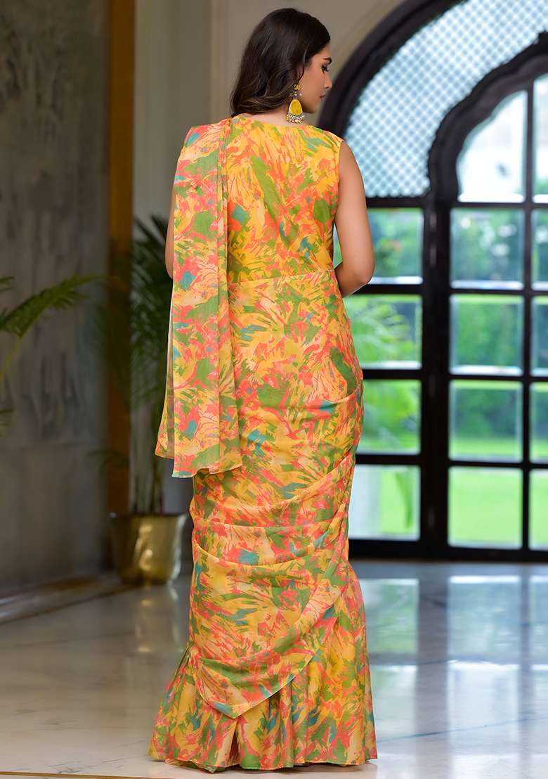 Yellow Embroidered Georgette Saree Set for Diwali and Festive Wear - Indya