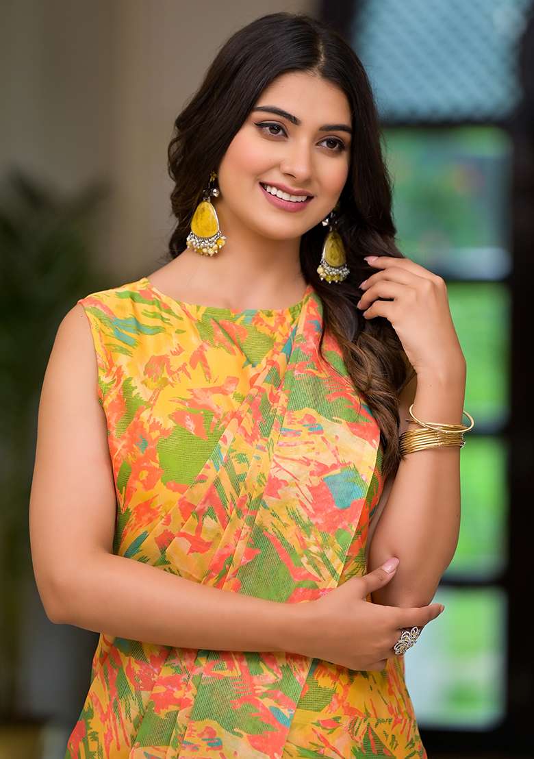 Yellow Embroidered Georgette Saree Set for Diwali and Festive Wear - Indya