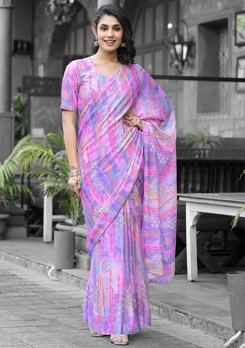 Pink Embroidered Georgette Saree Set