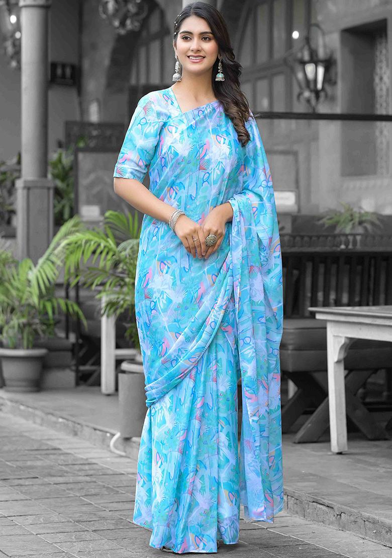 Sky Blue Embroidered Georgette Saree Set