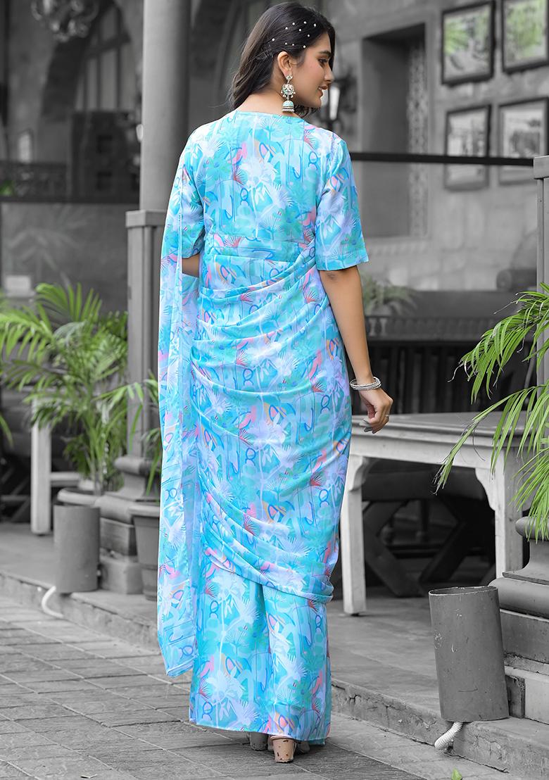 Sky Blue Embroidered Georgette Saree Set