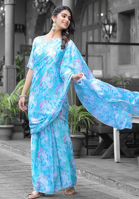 Sky Blue Embroidered Georgette Saree Set