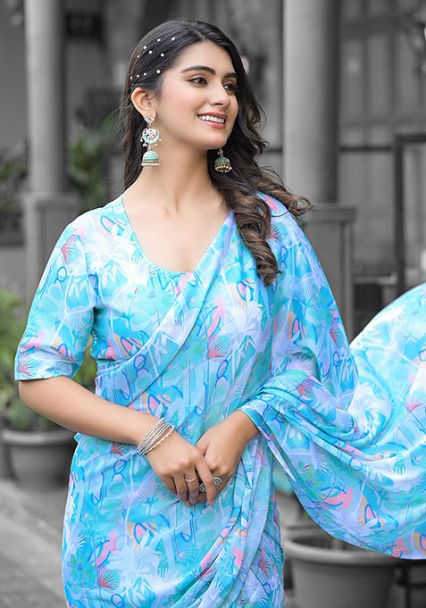 Sky Blue Embroidered Georgette Saree Set