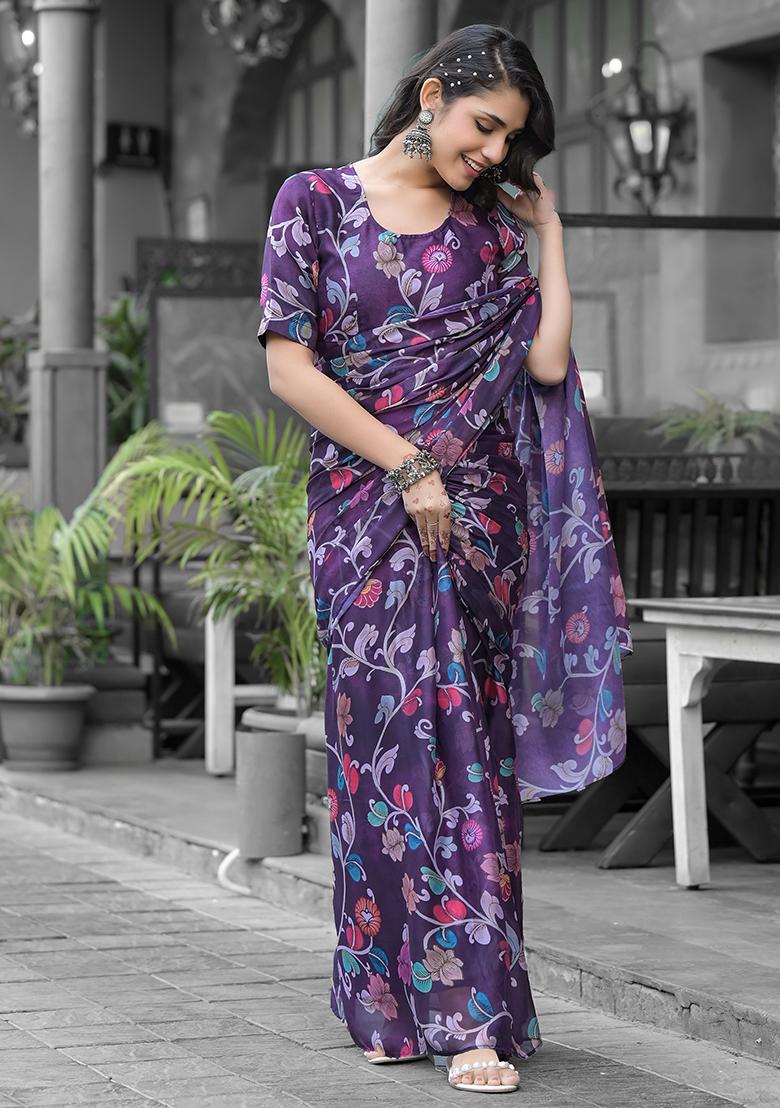 Purple Embroidered Georgette Saree Set