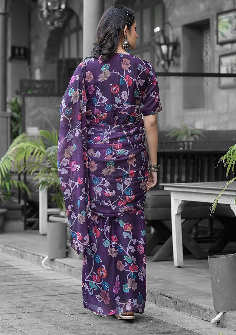 Purple Embroidered Georgette Saree Set