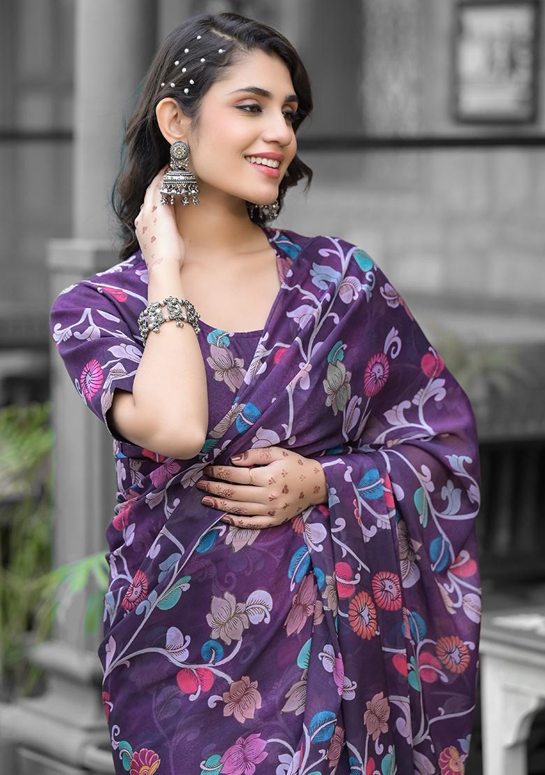 Purple Embroidered Georgette Saree Set