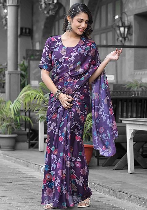 Purple Embroidered Georgette Saree Set