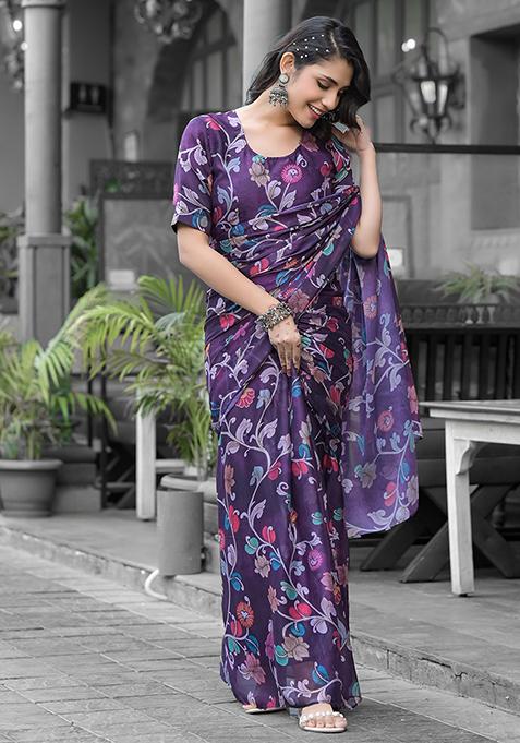 Purple Embroidered Georgette Saree Set