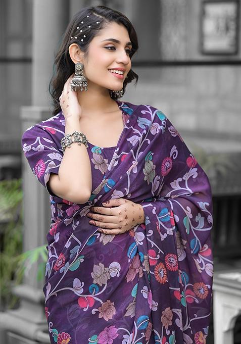 Purple Embroidered Georgette Saree Set