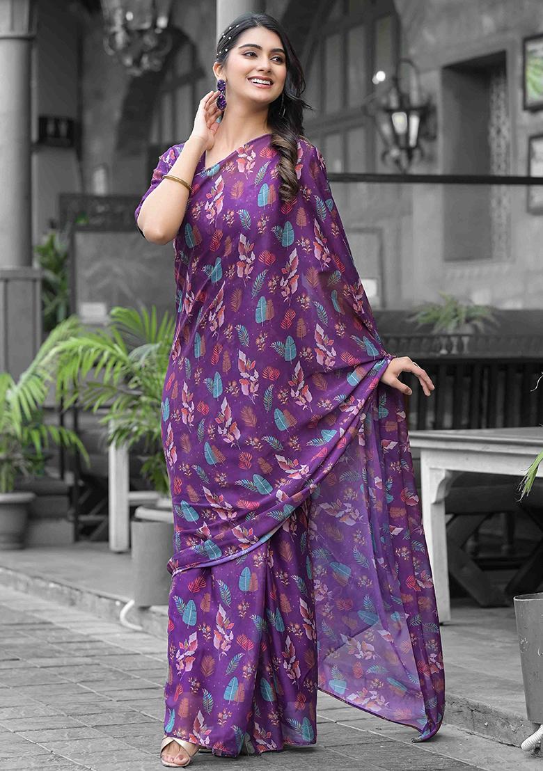 Purple Embroidered Georgette Saree Set