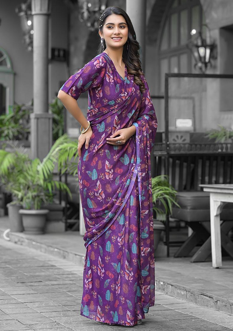 Purple Embroidered Georgette Saree Set