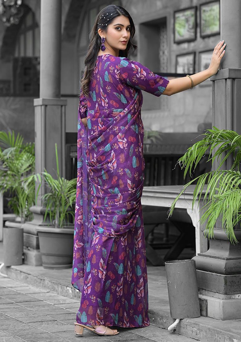 Purple Embroidered Georgette Saree Set