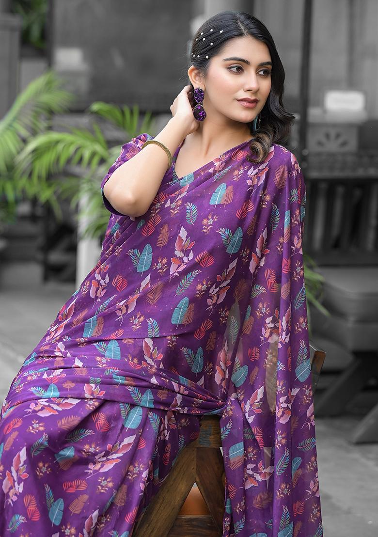 Purple Embroidered Georgette Saree Set