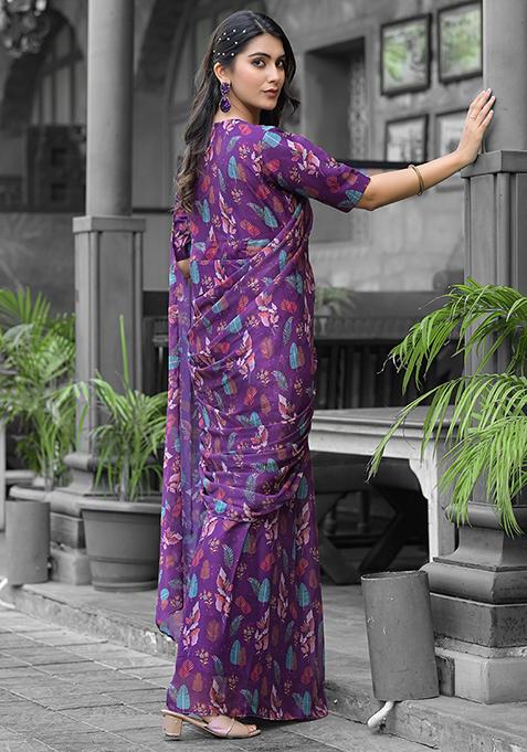 Purple Embroidered Georgette Saree Set