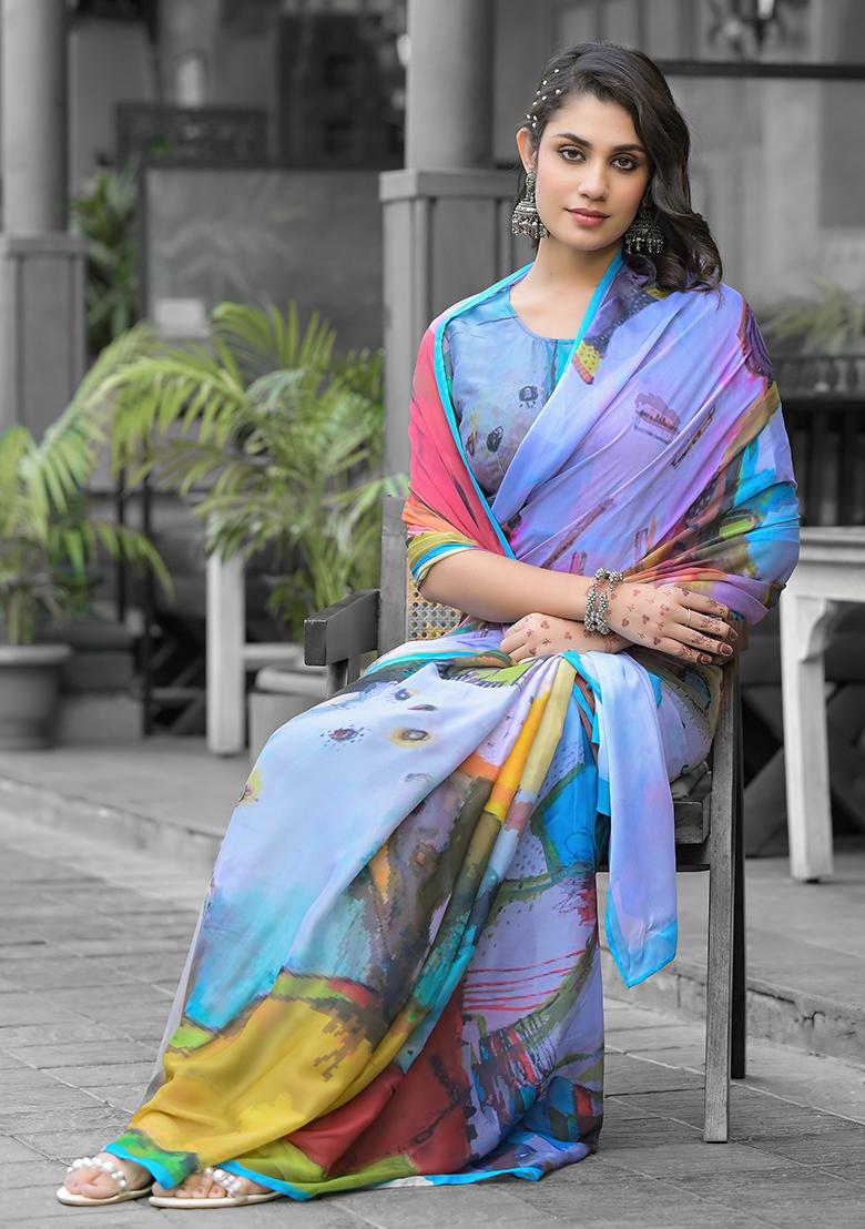 Multi Embroidered Georgette Saree Set - Indya