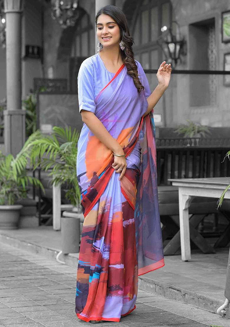 Multi Georgette Saree Set with Embroidered for Diwali | Wedding & Festive Wear - Indya