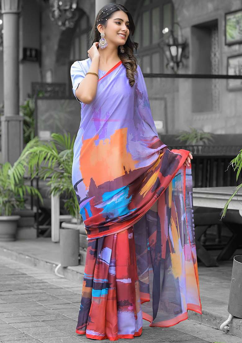 Multi Georgette Saree Set with Embroidered for Diwali | Wedding & Festive Wear - Indya